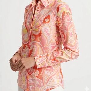 TALBOTS Modern Classic Paisley Blouse Pink Orange Button Down Boho Chic S